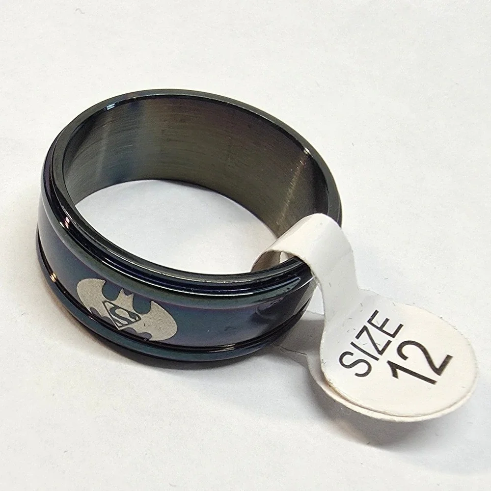 New Big Mens Batman Superman Ring Plus Size 12 Thumb Superhero Black Silver Band
